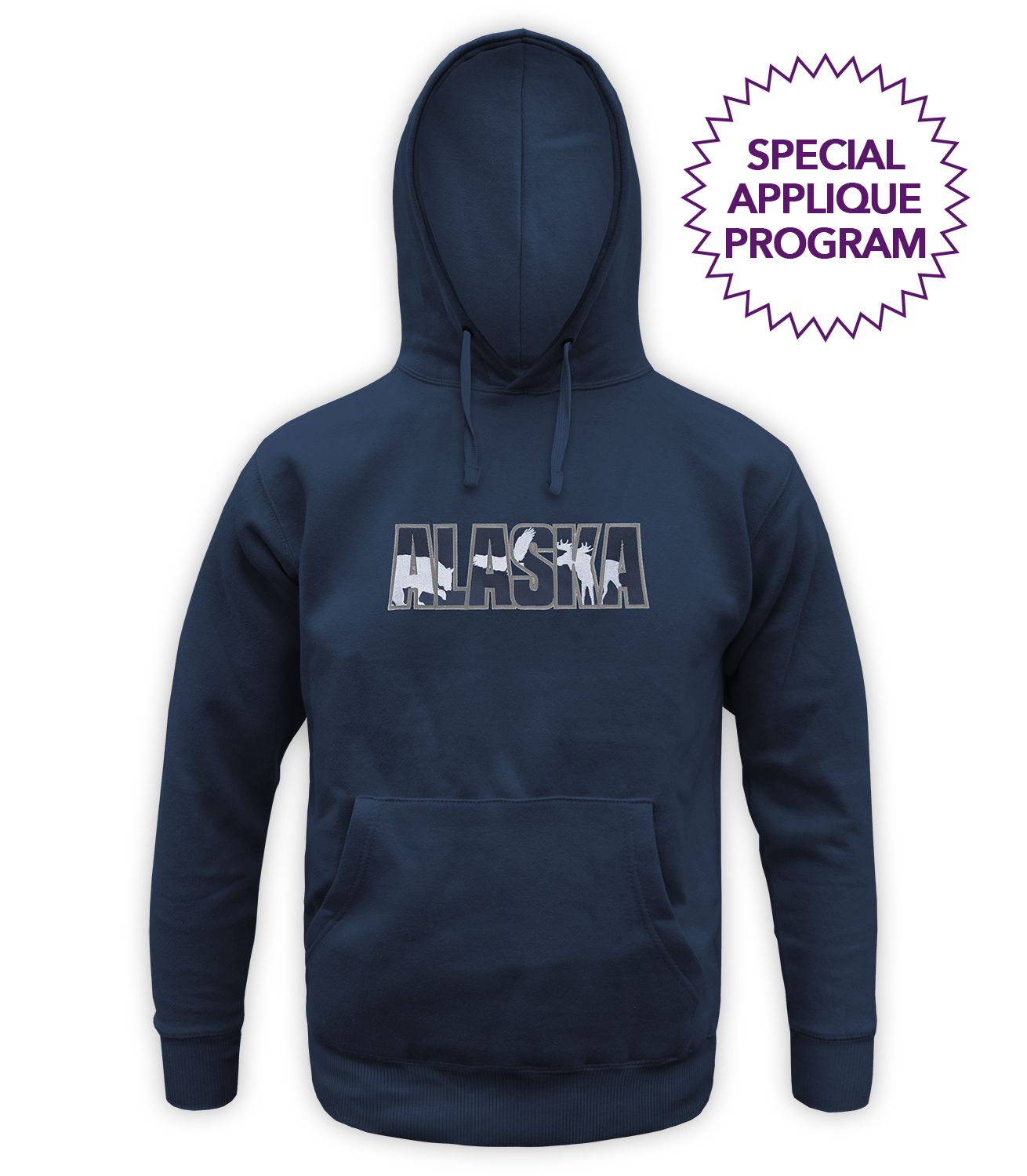 renegade wholesale hoodies special applique program, navy hooded pullover, bear, eagle moose, alaska, wholesale hoodie applique