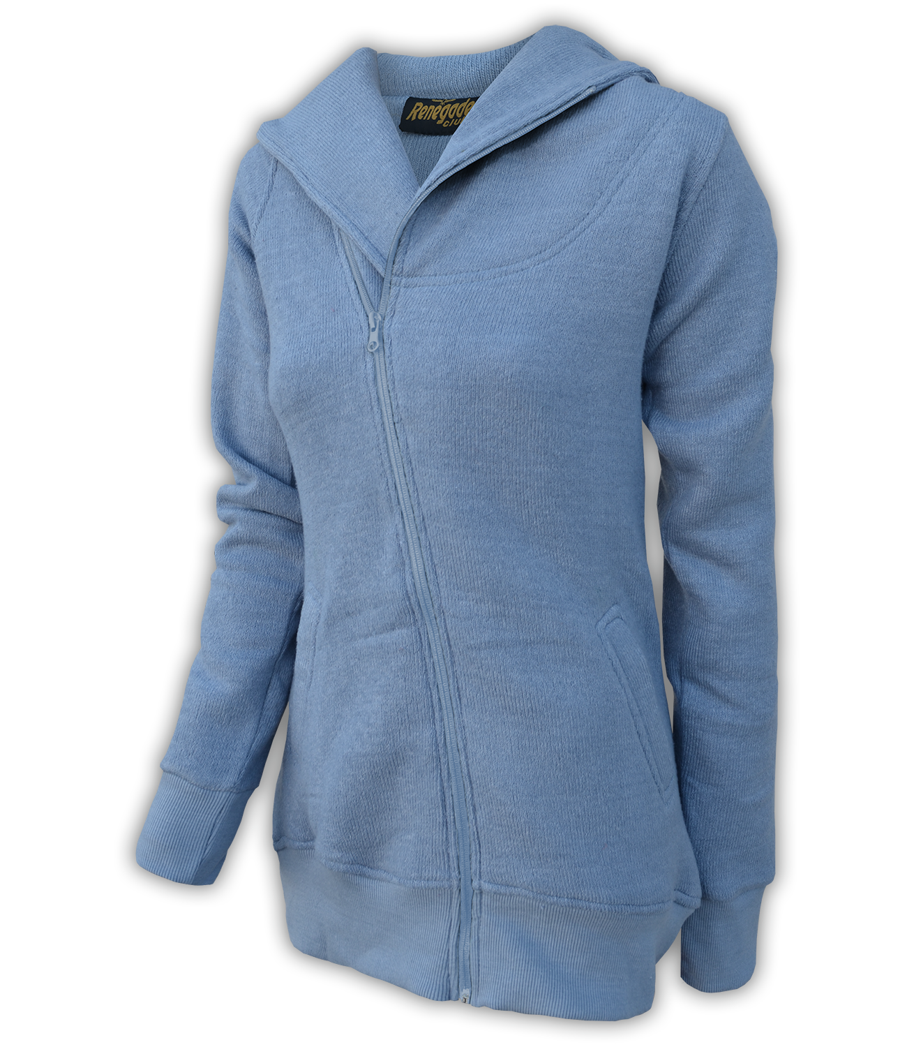renegade club womens jacket for embroidery, diagonal full zipper, nantucket fleece, oversized hood, blue