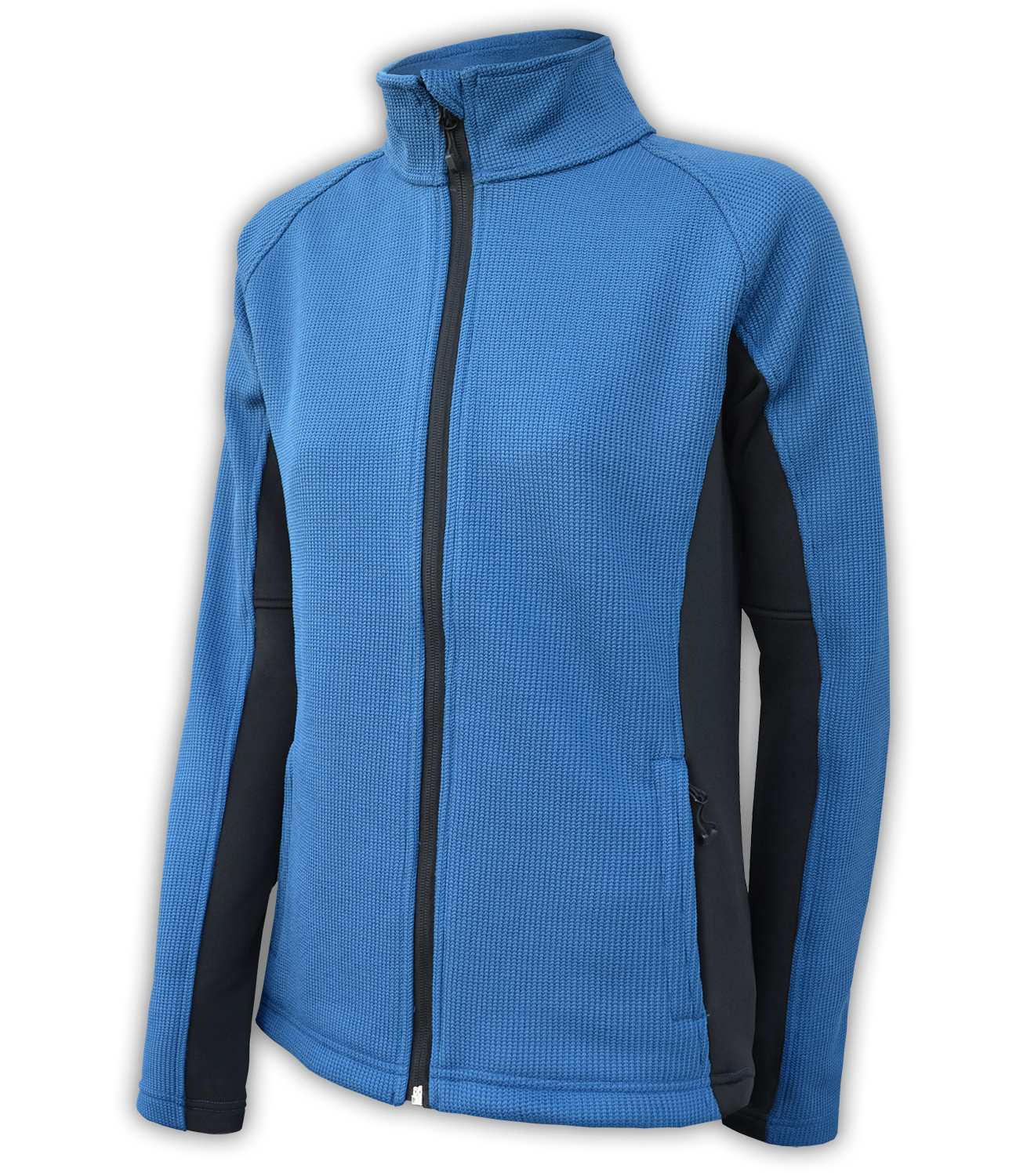 Renegade-club-womens-full-zip-fleece-jacket-coarse-weave-power stretch-black-blue-fitted-ski-jacket