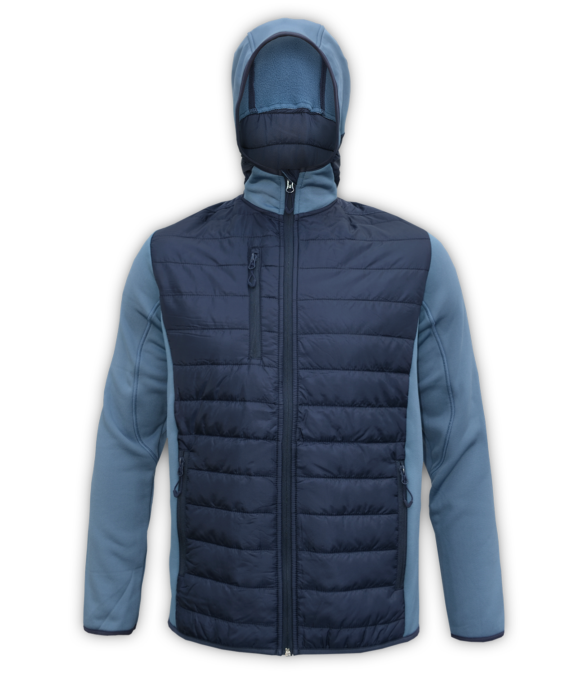 Renegade-mens-full-zip-fleece-jacket-woven-power stretch-blue-ski-jacket-light-hood-pockets