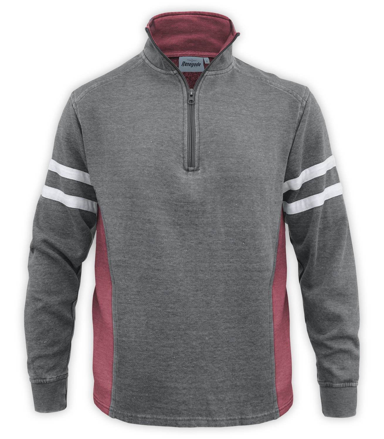 Renegade club brand men's burnout pullover, half zip, quarter zip, gray, red, cardinal, white stripes, fleece sweater