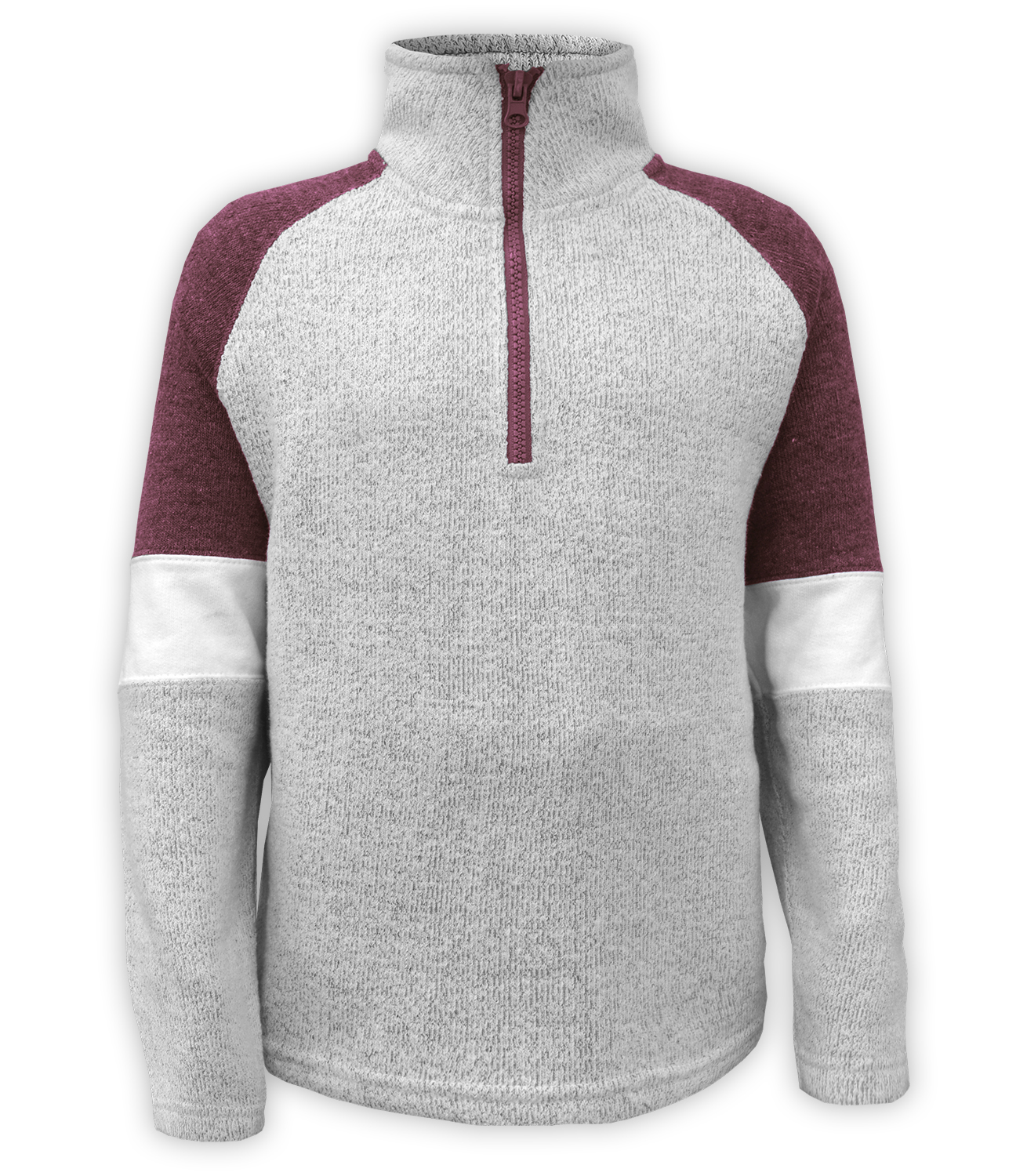 Renegade Club youth pullover, nantucket fleece soft fabric sweater, half zip, maroon, red, brown, gray, white arm bands stand up collar, wholesale pullover kids