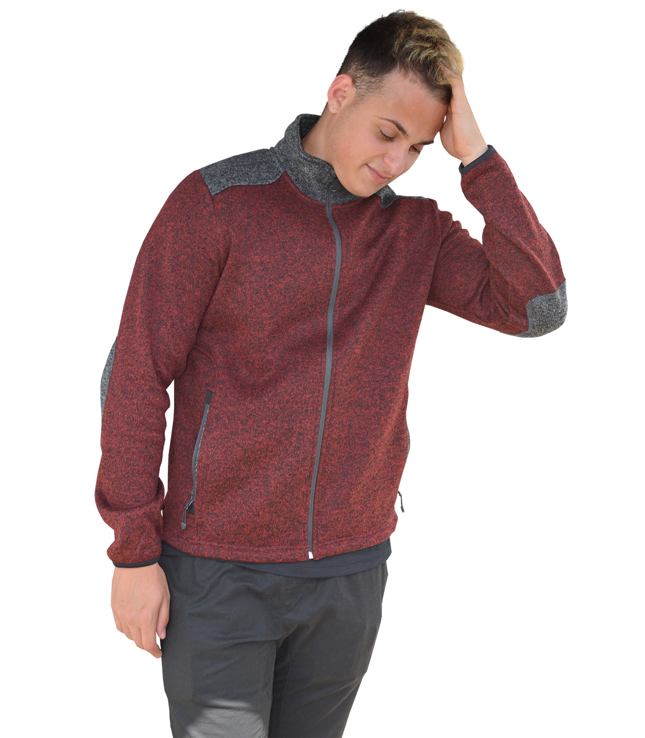 Renegade mens fleece elbow patch sweater, color blocking, maroon, zipper, wholesale blanks for embridery