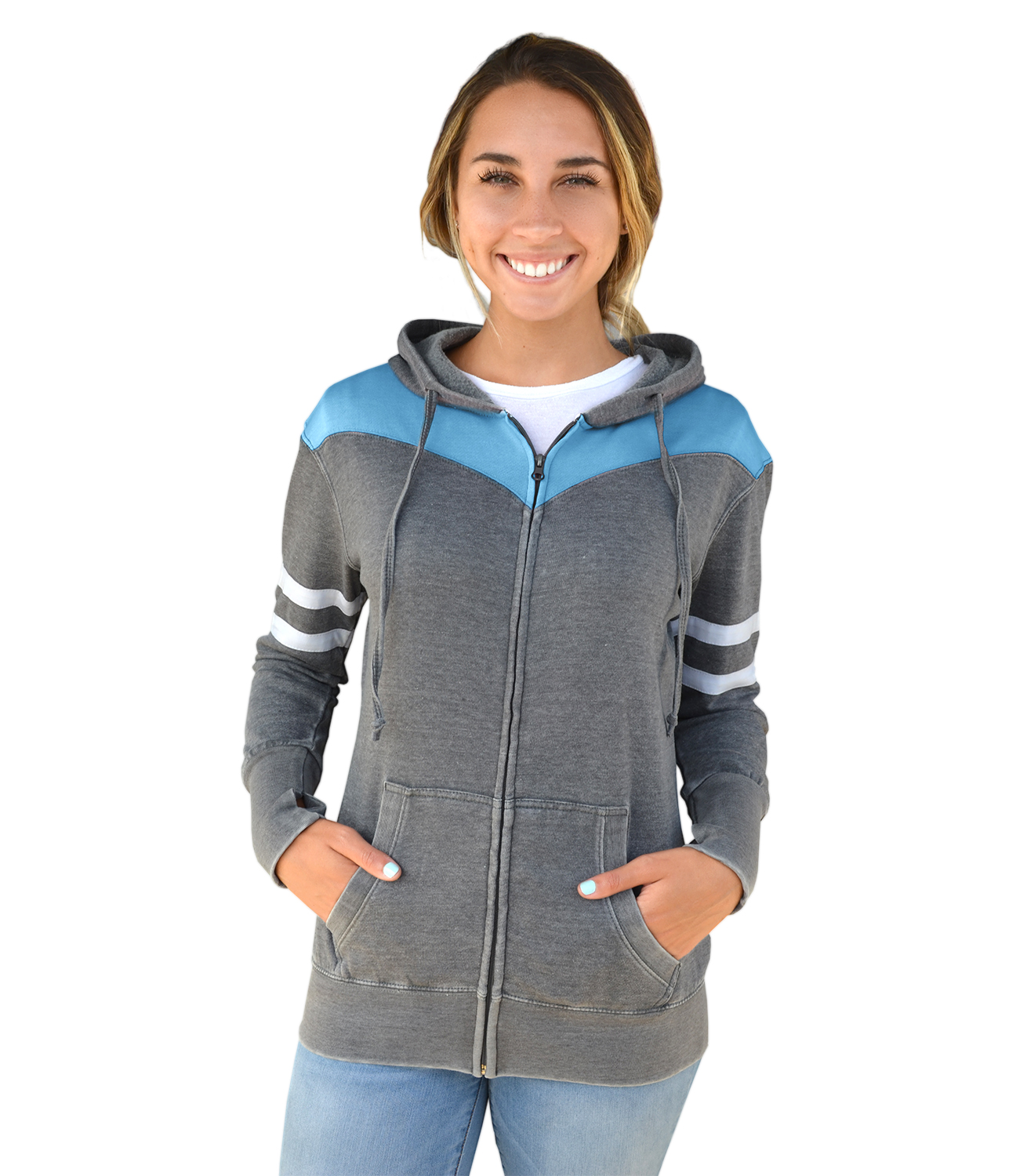 Renegade Club women burnout fleece hoodie, full zipper, white arm stripes, gray charcoal wholesale embroidery blanks